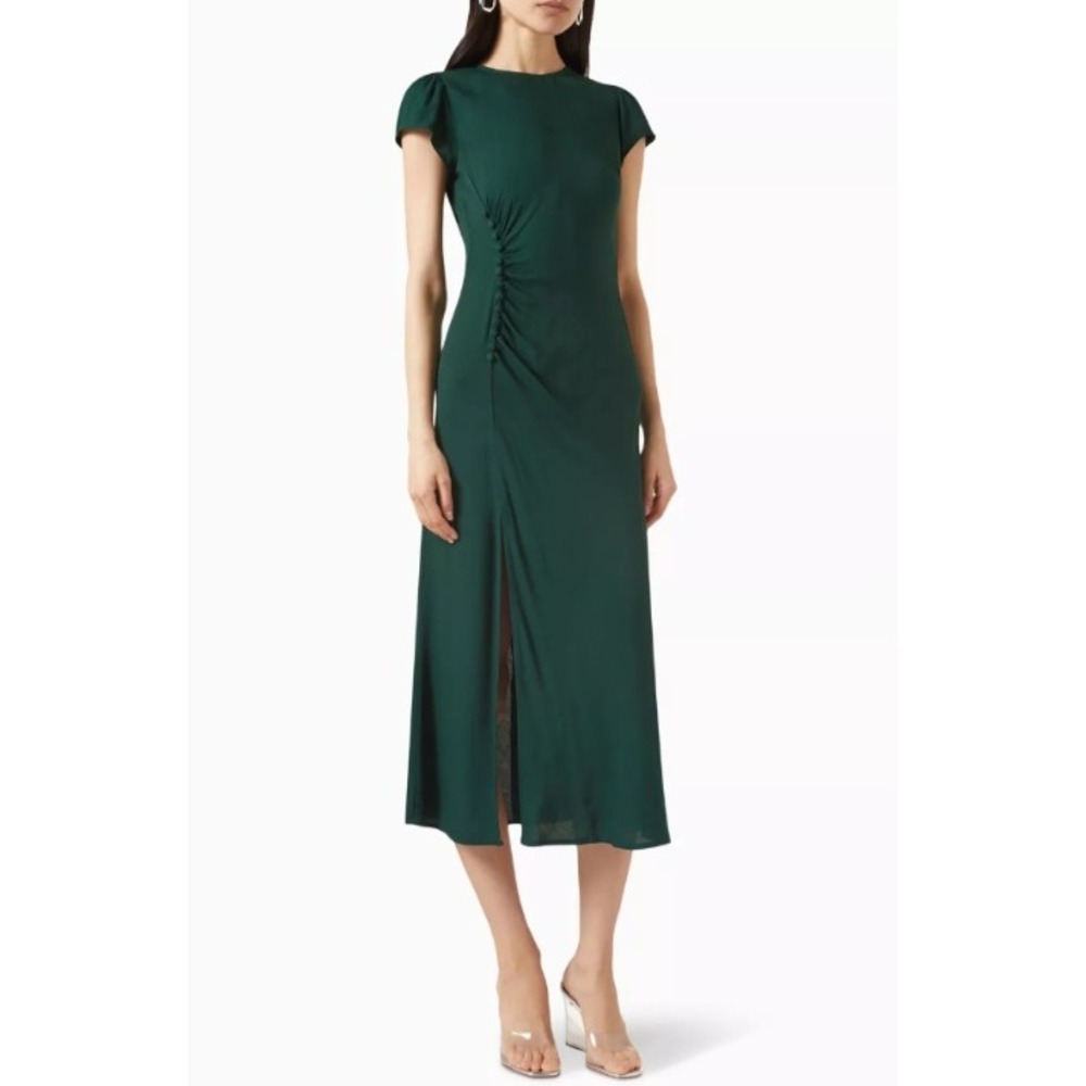 Reformation Frasier Midi Dress Forest Green Women Size 4 Cap Sleeve Ruched Slit